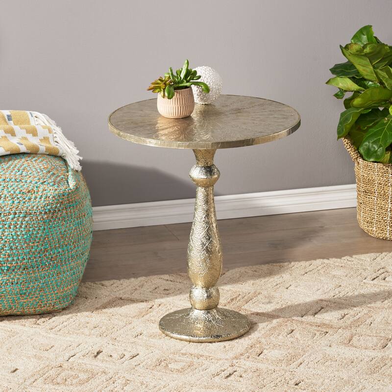 20" Boho Round Side Table with Turned Base and Iron Frames for Living Room or Bedroom