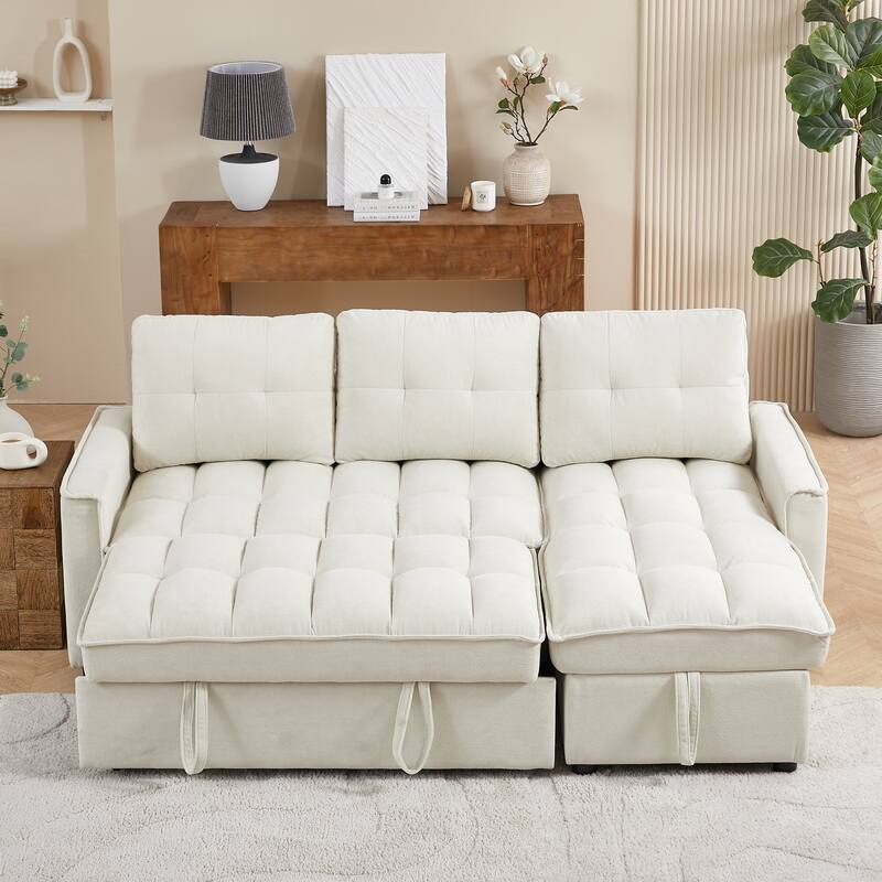 78.75" Reclining Sofa Bed, L-Shaped Sectional with Storage, USB & Tape-C Ports, Organizer Pocket, Beige Chenille