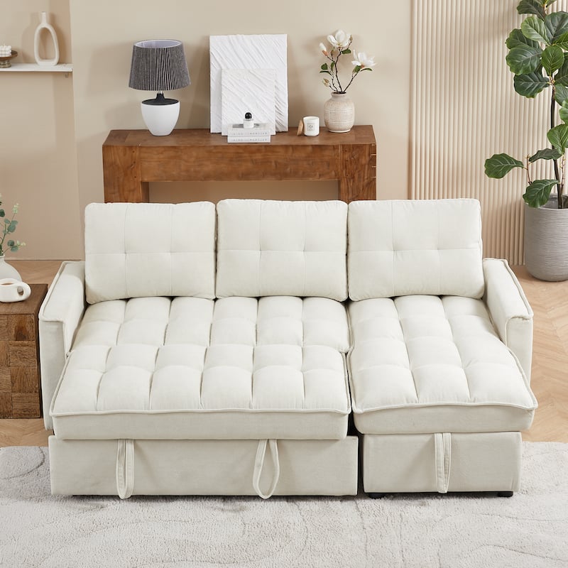 Futon Daybed Pull-Out Sofa Bed with USB and Tape-c, L-Shaped Sectional Sofa with Storage Chaise Lounge and Side Pocket