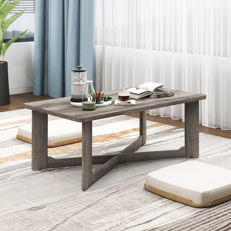 Gymax Coffee Table Solid Rubber Wood Center Table w/ X-Shaped Base for