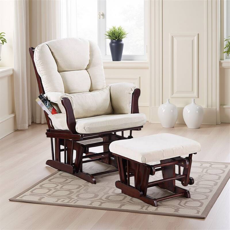 Noni Glider Manual Recliner Chair w Ottoman, Brown Wood, Square Beige
