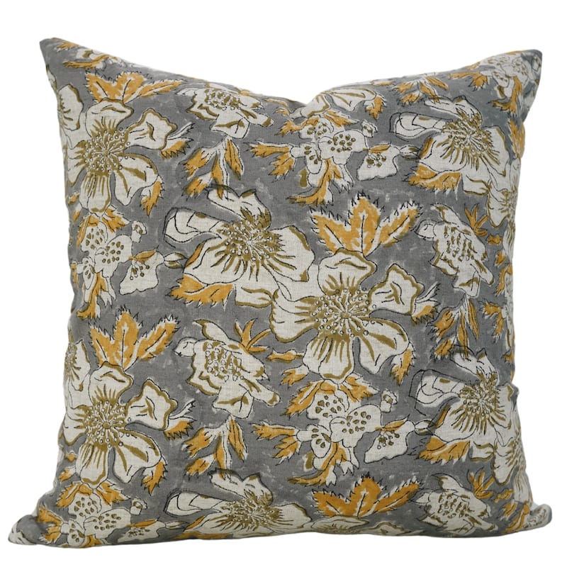 Fabdivine Soft Pillow Cover Shape Floral Block Print for Hotel Couch Spring Guest Room Blue Farmhouse, Mohini - Papaya Leaf- Grey, Yellow - 14" x 14"