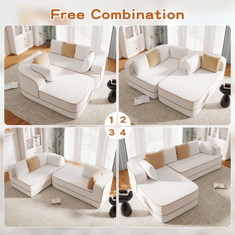 Roomfitters No Assembly Modular Sofa, 106 Inch Teddy Fabric Floor Couch with Chaise, White