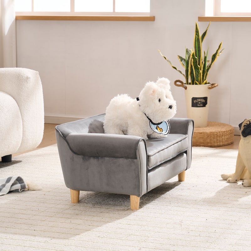 20.67" x 12" x 2.76" Pet Sofa Bed, Grey Velvet Cat Bed and Small Dog Couch with Rubberwood Legs