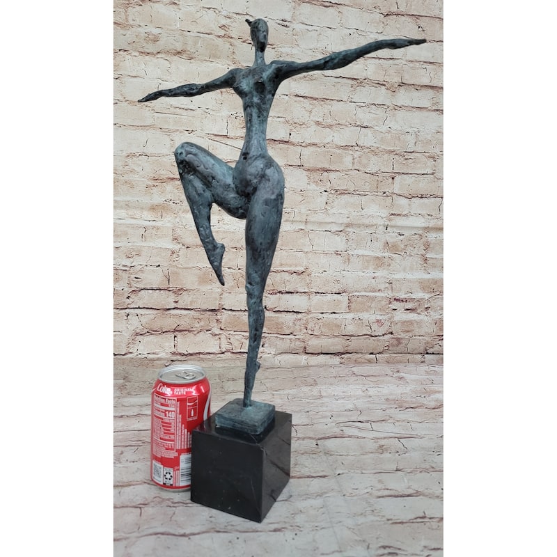 Abstract Female Figure Dancer Kicker Bronze Sculpture Green Patina Marble Base
