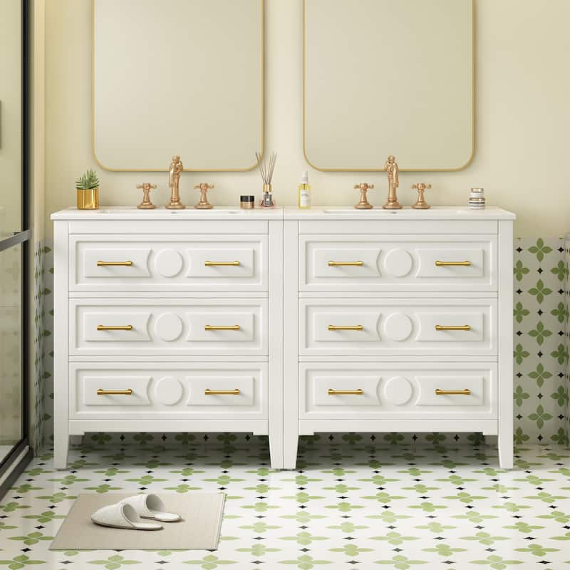 GDFStudio - Wellington Retro Freestanding Double Bathroom Vanity Set with Ceramic Sink and 3 Storage Drawers - 60'W