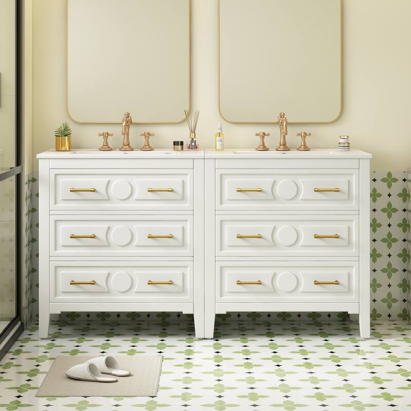 GDFStudio - Wellington Retro Freestanding Double Bathroom Vanity Set with Ceramic Sink and 3 Storage Drawers, Set of 2 - 60'W - White