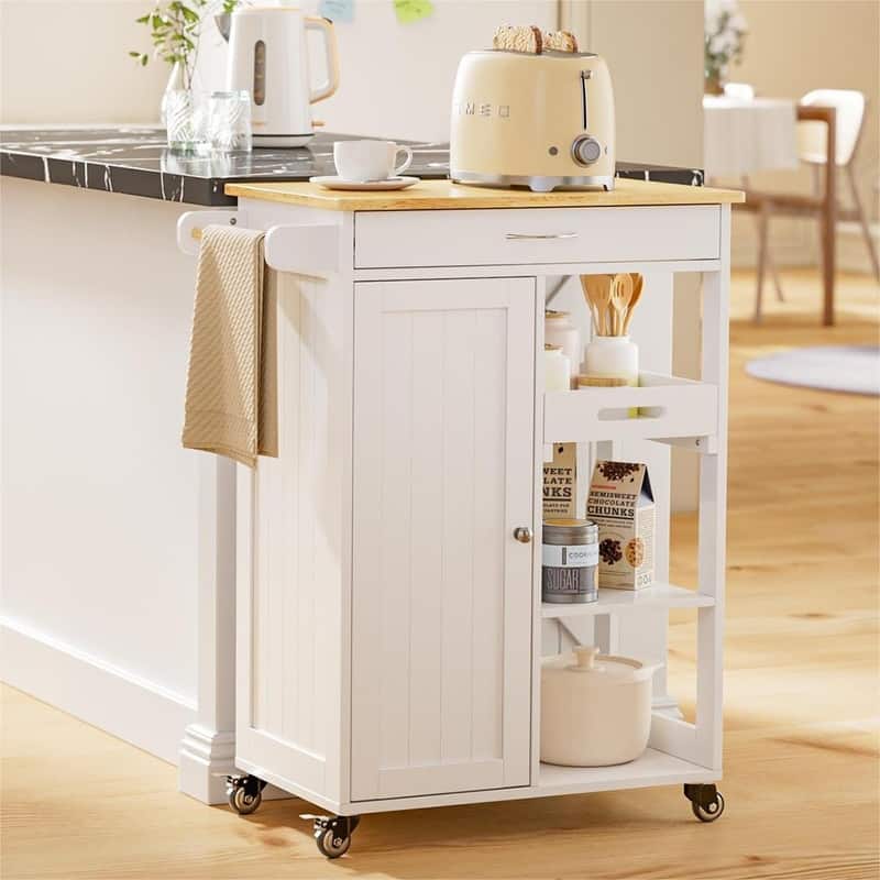 Kitchen Trolley Rolling Island Cart with 1 Drawer, Storage Cabinet and 3 Tier Storage Shelves - White