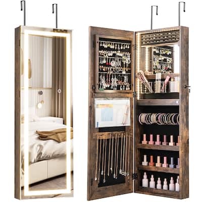 Gymax LED Mirror Jewelry Cabinet Wall/Door Mounted Organizer Armoire