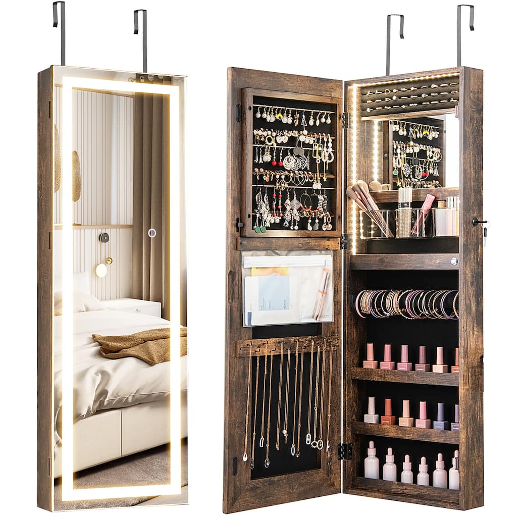 Gymax LED Mirror Jewelry Cabinet Wall/Door Mounted Organizer Armoire