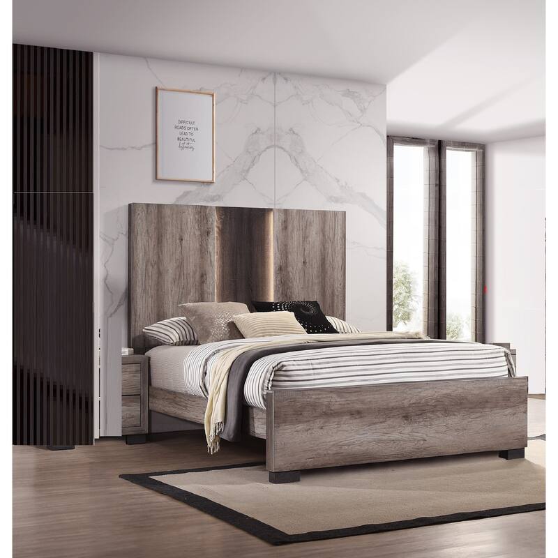 Contemporary King Panel LED Light Headboard Bed 1pc Brown Beige Gray Finish Wooden Bedroom Furniture