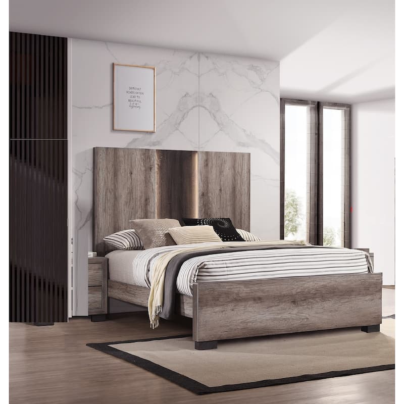 Contemporary Queen Panel LED Light Headboard Bed 1pc Brown Beige Gray Finish Wooden Bedroom Furniture