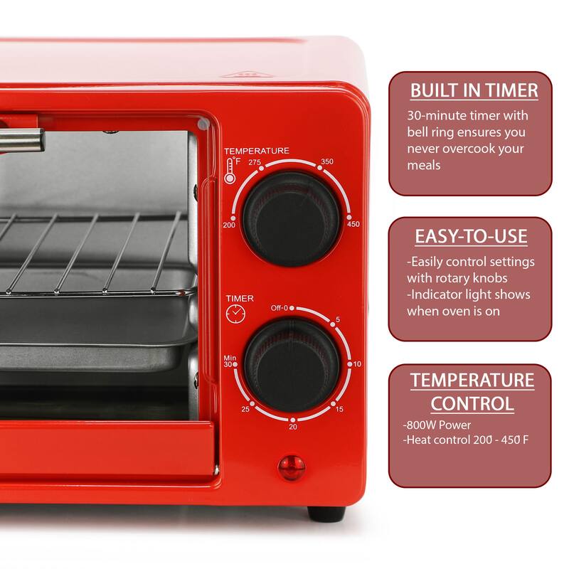 Counter Top Compact 9L Electric Toaster Oven with Rack in Red