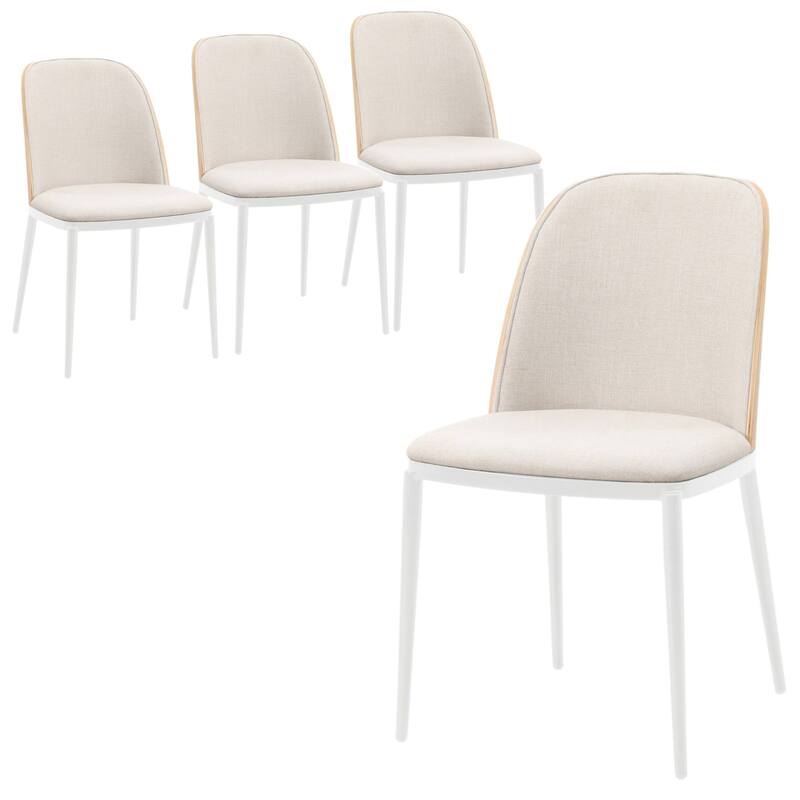 LeisureMod Tule Dining Chair with Upholstered Seat and White Steel Frame, Set of 4 - Natural Wood/Beige