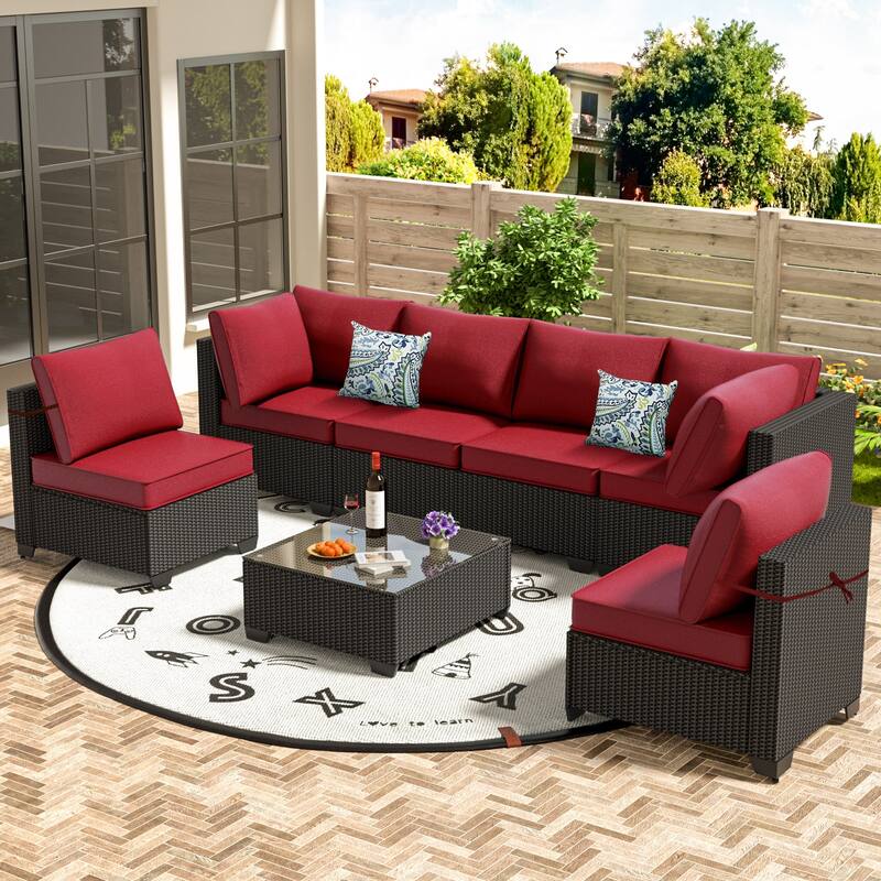 7-Piece Outdoor Patio Furniture Set Sectional Sofa Chairs and Tempered Glass Coffee Table PE Rattan Steel Frame with Cushions - Red