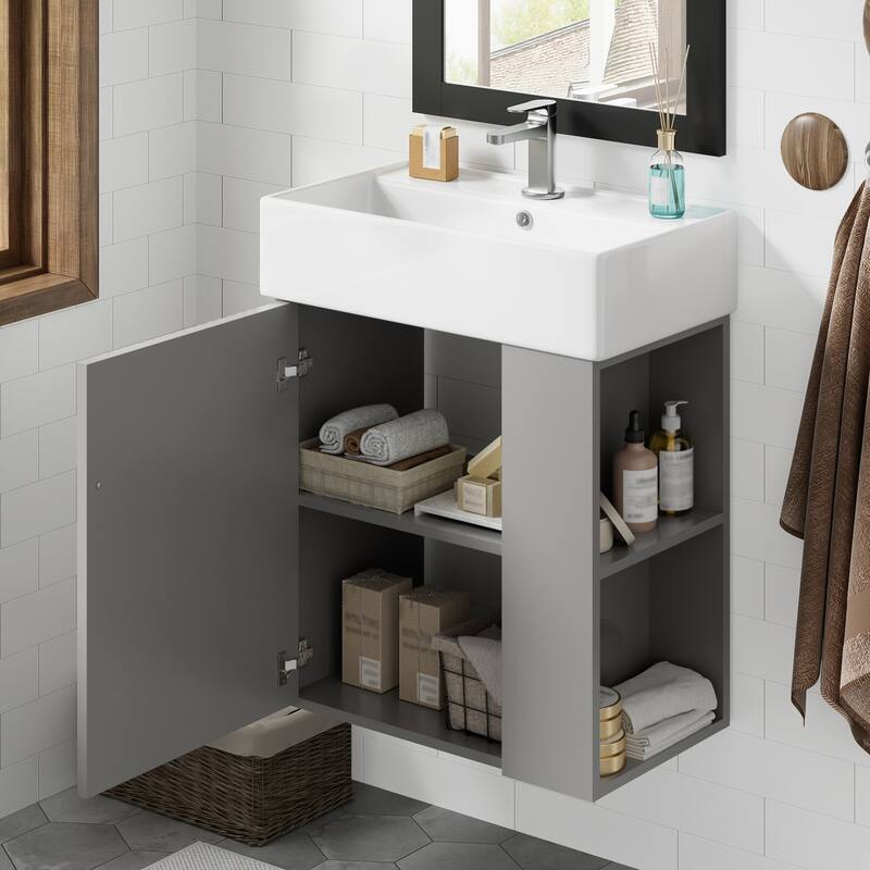 21.6" Floating Bathroom Vanity with Ceramic Basin - Right-Side Storage, Space-Saving for Small Bathrooms - Grey