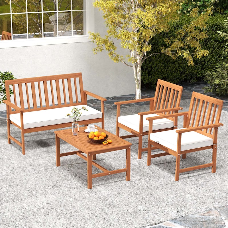 Costway 4/8 PCS Acacia Wood Furniture Set Coffee Table & 2 Armchairs - 4 PCS