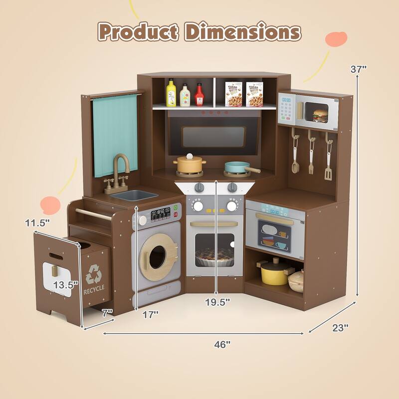 Gymax Corner Kitchen w/ Lights & Sounds Interactive Wooden Playset for