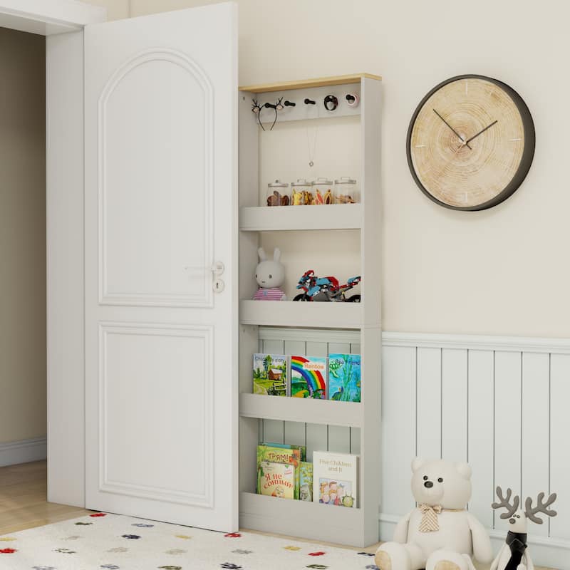 69" Tall Bookcase with 4 Shelves and 5 hooks, Wall Mounted Space-Saving Narrow storage cabinet for Living Room