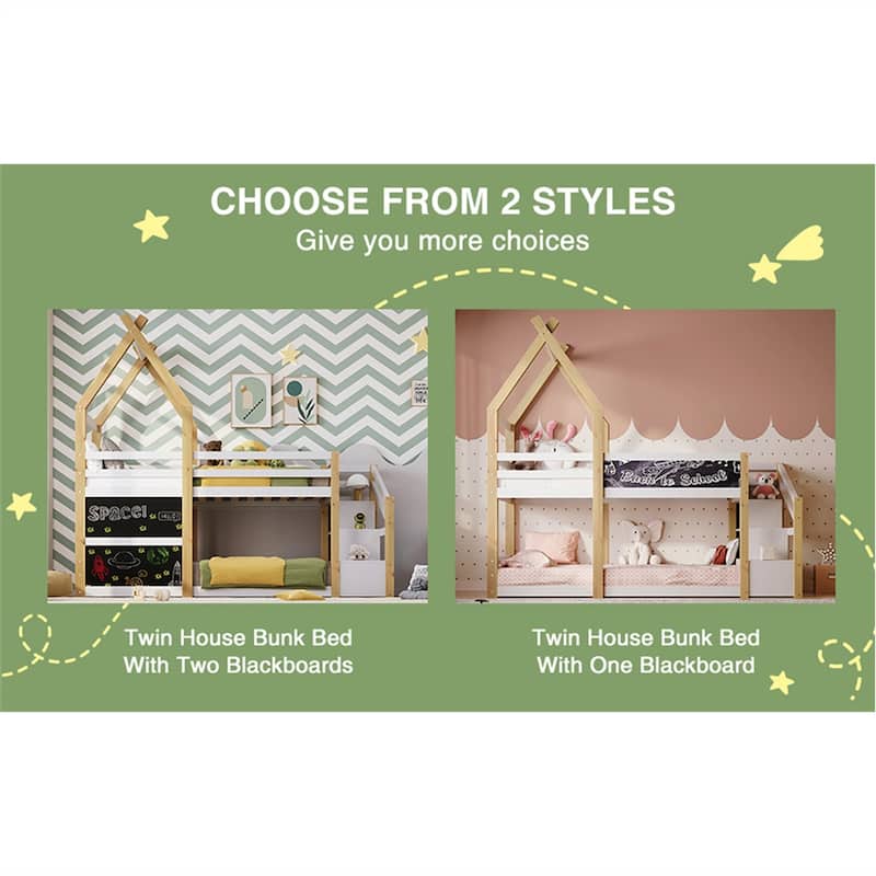 Twin over Twin House Bunk Bed with Storage Staircase and 2 Blackboards