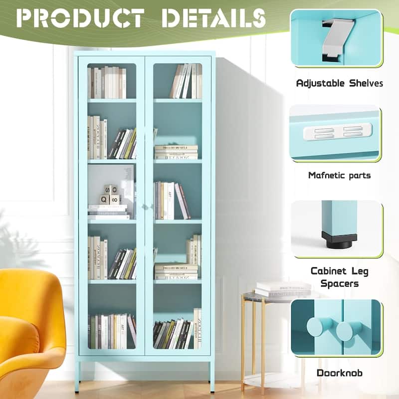 67'' Pantry Storage Cabinet Glass Display Sideboard Buffet Cabinet Curio Bookcase with Glass Doors and 4 Adjustable Shelves
