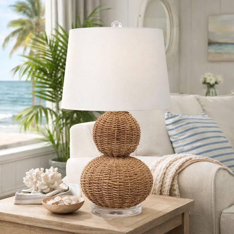 25 Inch Table Lamp, Rattan Woven, Inverted Tapered Shade, White, Beige