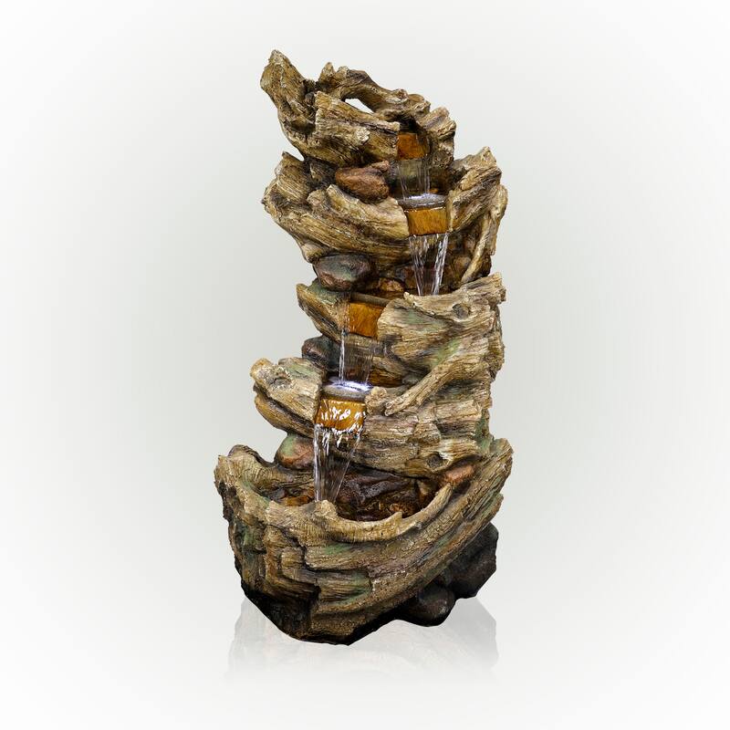 Alpine Corporation 47" Tall Outdoor 5-Tier Tree Trunk Waterfall Floor Fountain with LED Lights