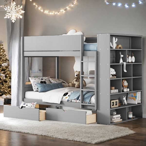 slide 2 of 16, Twin over Twin Multi-function Bunk Bed With 2 Drawers And Multi-layer Cabinet,Solid Construction Grey