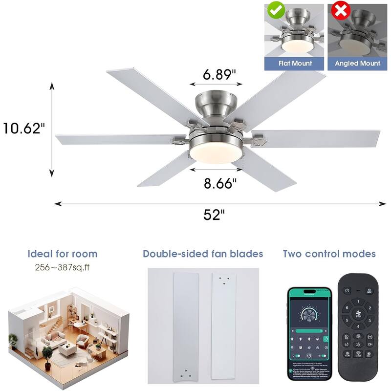 46/52 inch Flush Mount Ceiling Fan with Light,Remote and APP Control,6 Dual Side Blades,Reversible DC Motor