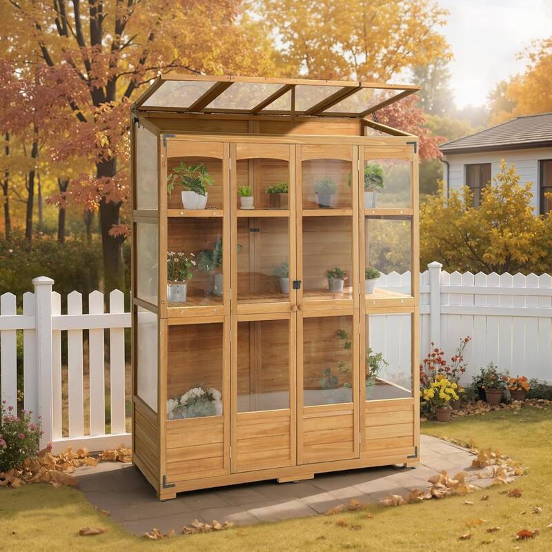 MCombo Walk-in Greenhouse with Openable Roof and Lockable Door, Solid Wood 0899