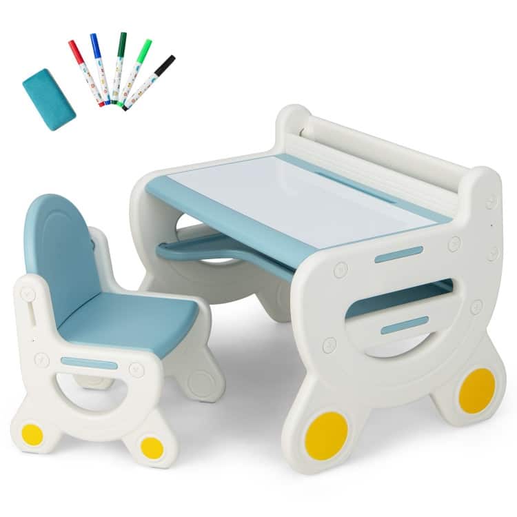 Kids Drawing Table and Chair Set with Watercolor Pens and Blackboard Eraser - 30.5" x 23.5" x 23"