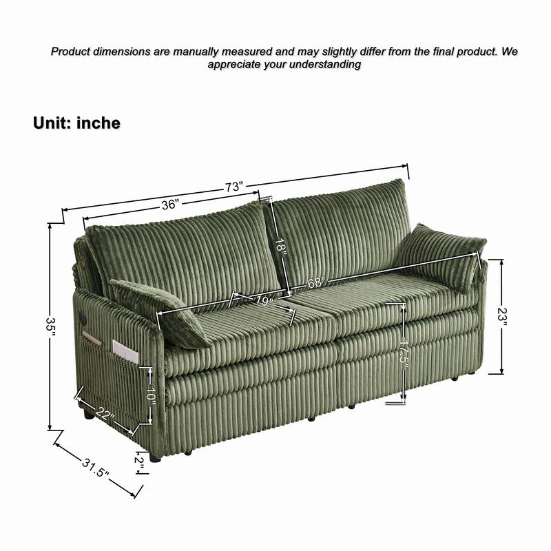 Roomfitters 73" Modern Corduroy Sofa Bed with Pull-out Sleeper Design, Modular Daybed with Storage Pocket & Pillows