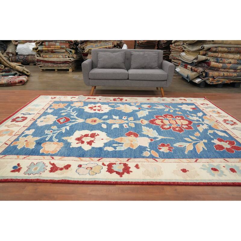 Hand Knotted Oriental 100% Wool Carpet Transitional Floral Navy Blue & Blues Oushak Area Rug - 10' 3'' X 8' 2''