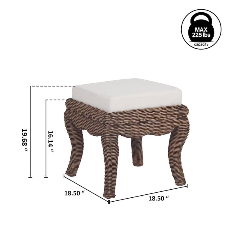 Praerie 19.7" Woven Rattan/Wood Vanity Stool, White Cushion with Natural Frame, by JONATHAN Y - 19.68"