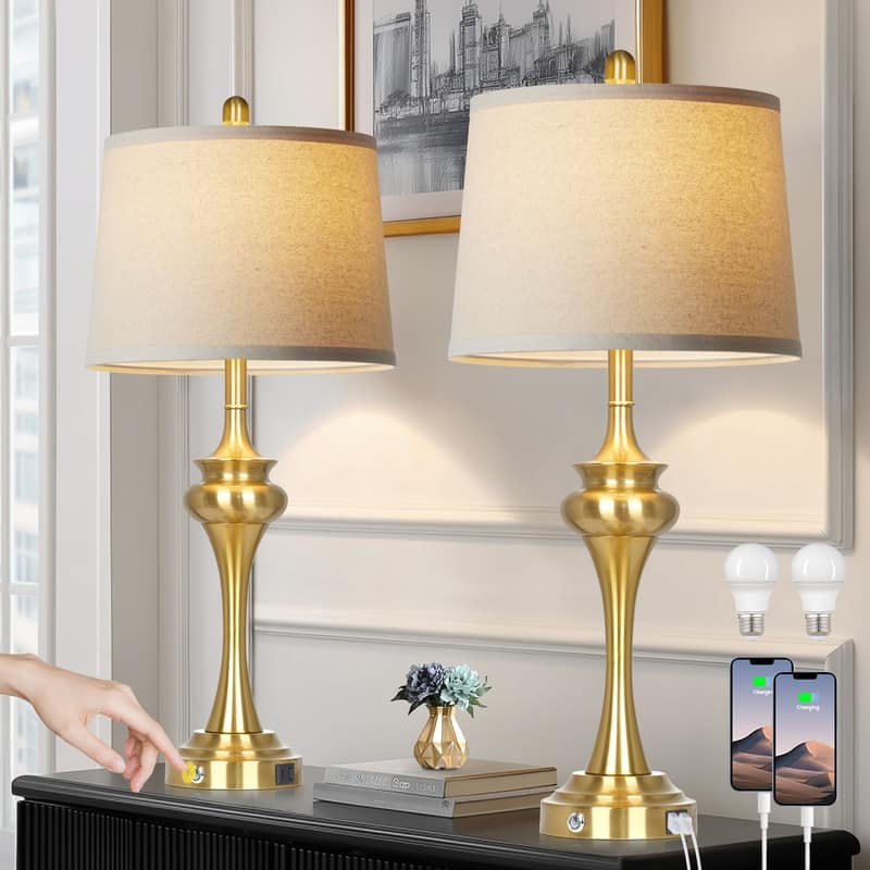30'' Modern Table Lamps with USB & Type-C Ports, Oatmeal Fabric Shade & Metal Base (Set of 2)