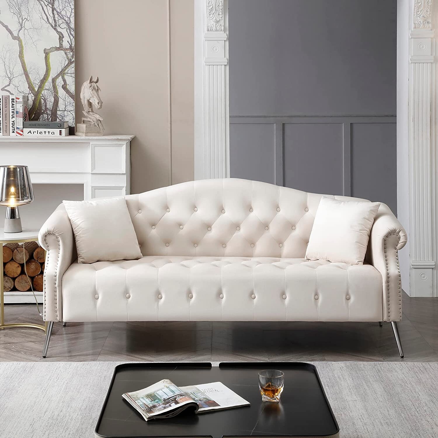 78.7" Velvet Chesterfield 3-Seat Sofa with 2 Pillows, Button Tufted Nailhead Curved Backrest Couch with Metal Legs - On Sale - Overstock 36781411