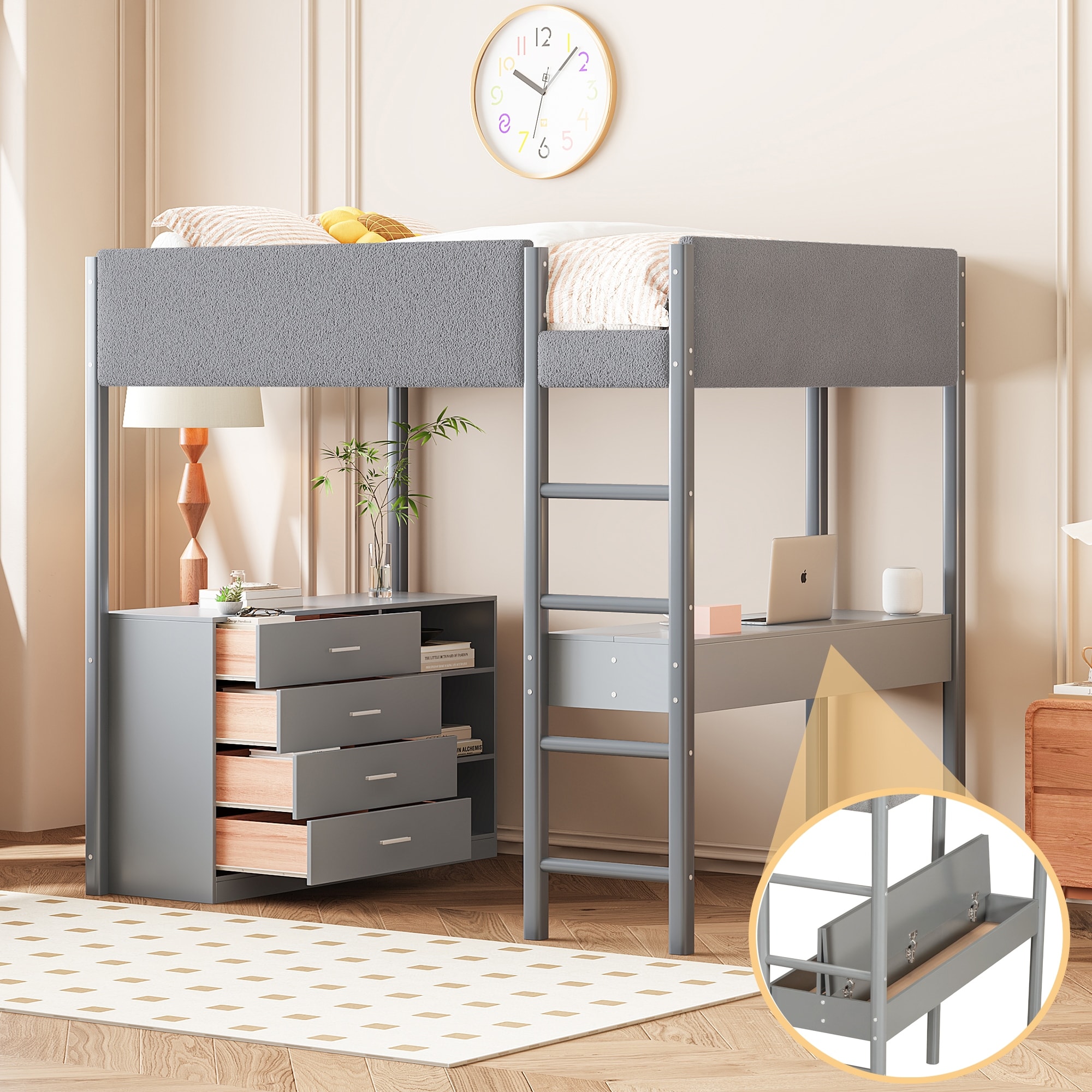 Gray Full Size Wooden Loft Bed with Teddy Fleece Upholstered, Storage Shelf, Drawers and Desk for Bedroom