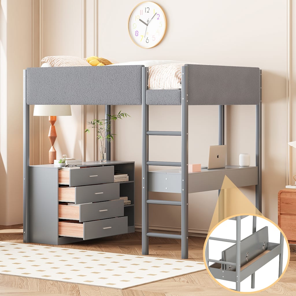 Gray Full Size Wooden Loft Bed with Teddy Fleece Upholstered, Storage Shelf, Drawers and Desk for Bedroom