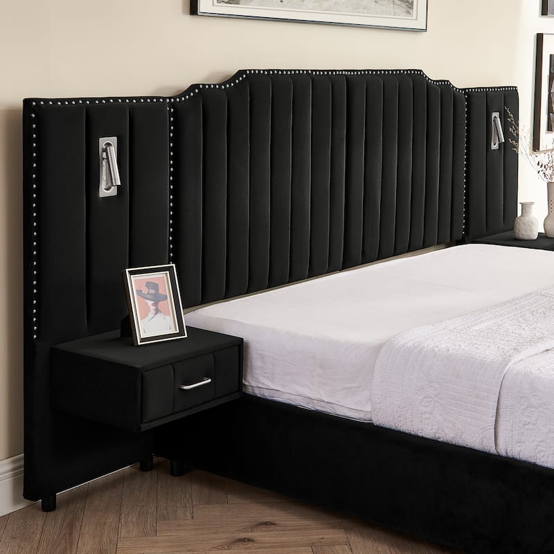 Upholstered Bed, Vertical Stripe Buttons Design Wingback Bed Frame, Velvet Fabric Platform Bed with Bedside Table