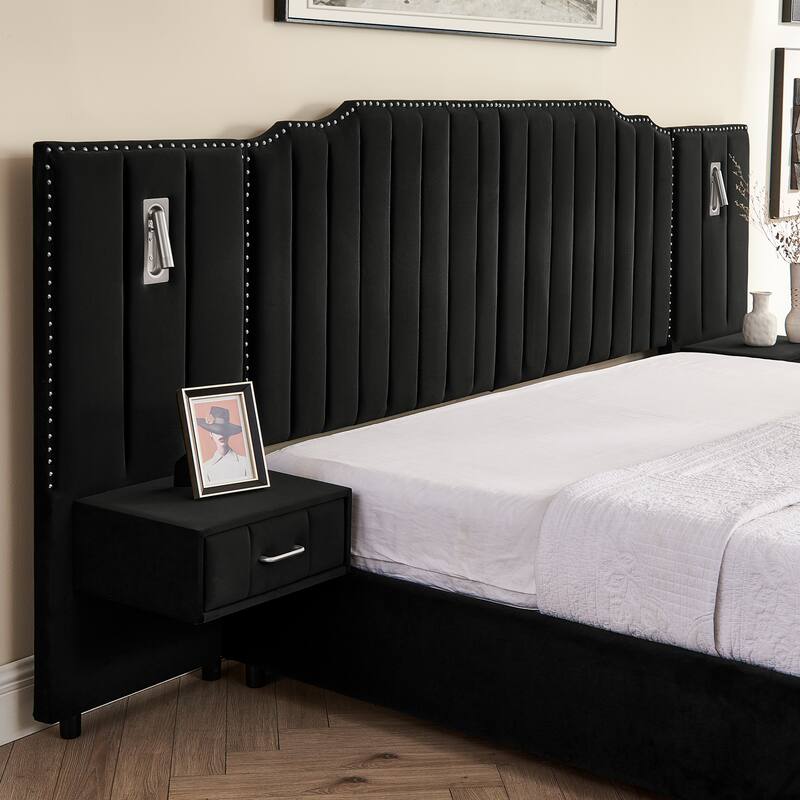 King Size Upholstered Bed Frame with Velvet Fabric, Vertical Stripe Design with Buttons Around King Size Platform Bed