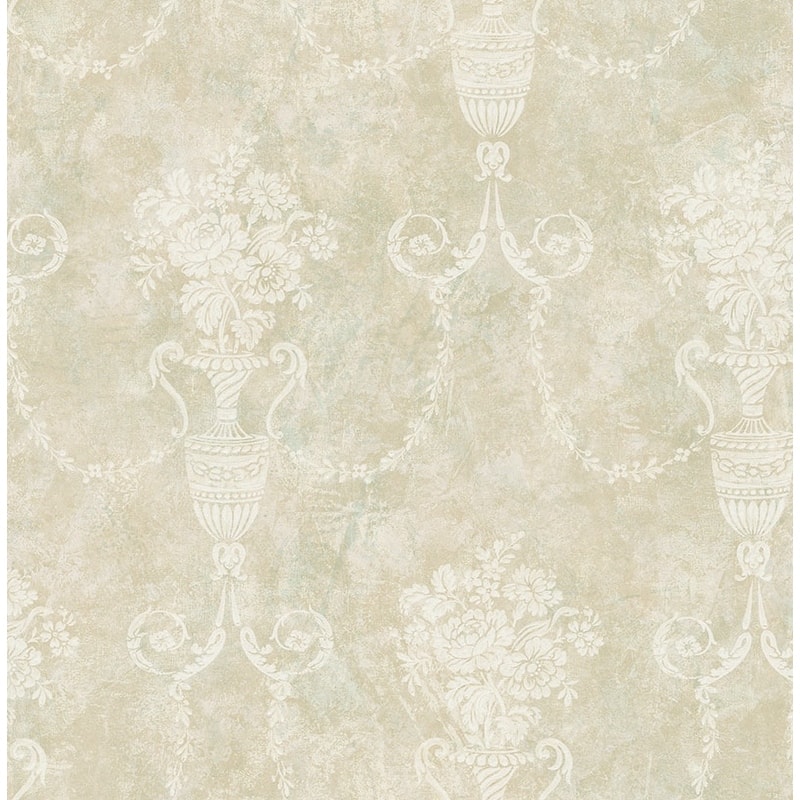 Seabrook Designs Lavarone Floral Urn Unpasted Wallpaper - 20.5 in W x 33 ft. L - 20.5 in W x 33 ft. L - Metallic Tan & Tiffany