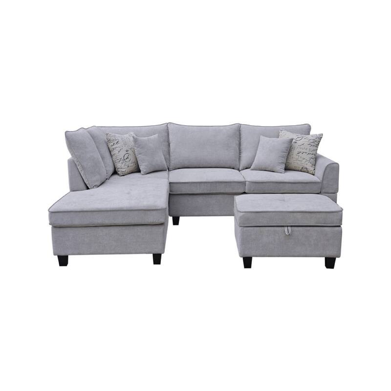 Kyna Sectional Sofa, 4 Pillows, Left Chaise, Storage Ottoman, Gray