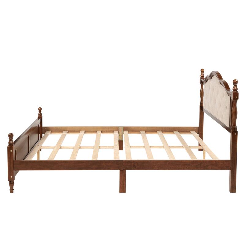 Queen Pine Wooden Bed with Upholstered Headboard and Panel Footboard, Walnut