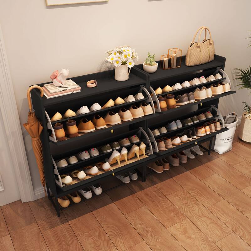Free-standing Two-tier Flip-out Drawer Wooden Shoe Storage