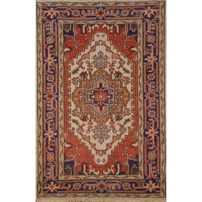 Ivory & Orange Heriz Serapi Indian Foyer Rug Handmade Wool Carpet - 3'0"x 5'1"