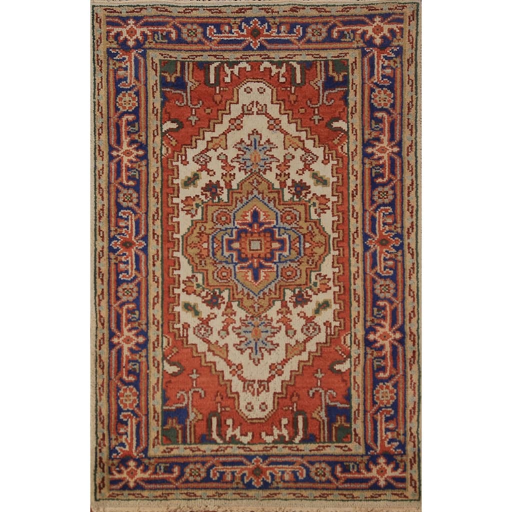 Ivory & Orange Heriz Serapi Indian Foyer Rug Handmade Wool Carpet - 3'0"x 5'1"