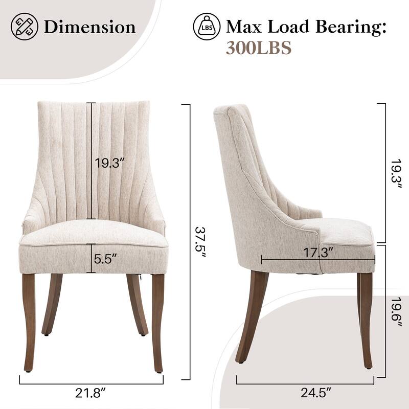 Vintage Linen Upholstered Dining Chairs Set of 2 with Channel Tufted Back & Solid Wood Legs