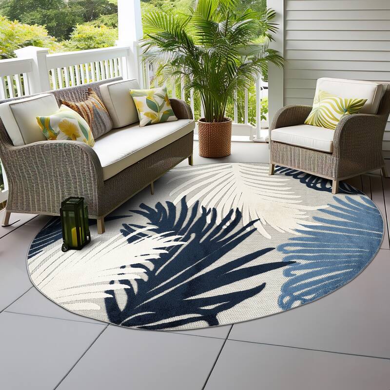 World Rug Gallery Tropical Floral Indoor/Outdoor Area Rug - 8' ROUND - Navy