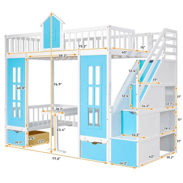 dimension image slide 1 of 3, Twin over Twin Bunk Bed with Changeable Table