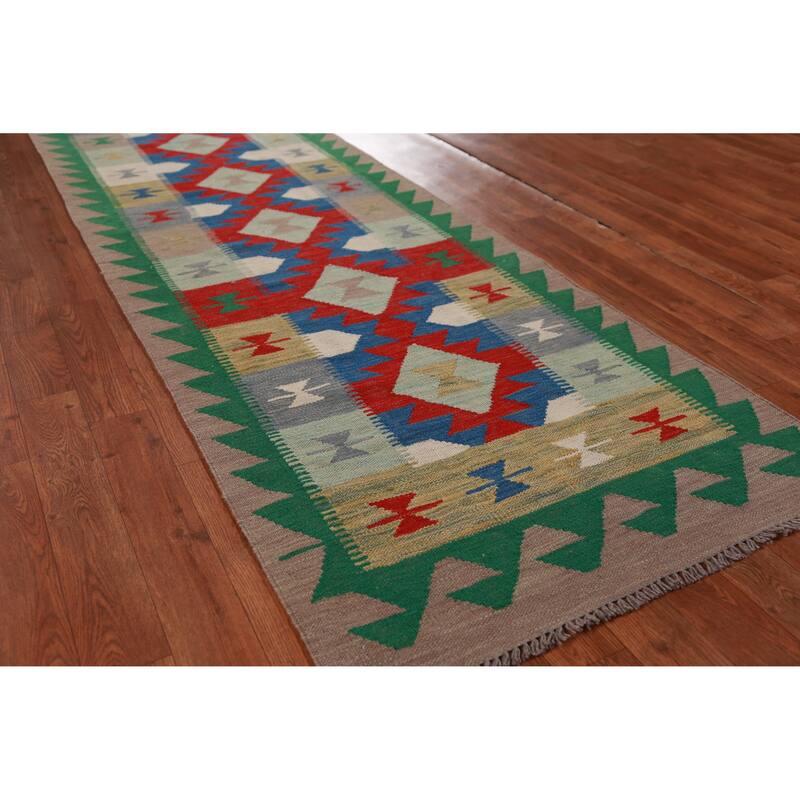 Hand Woven Oriental 100% Wool Carpet Southwestern Geometric Multi-Colored Kilim Runner Rug - 12' 9'' X 2' 7''